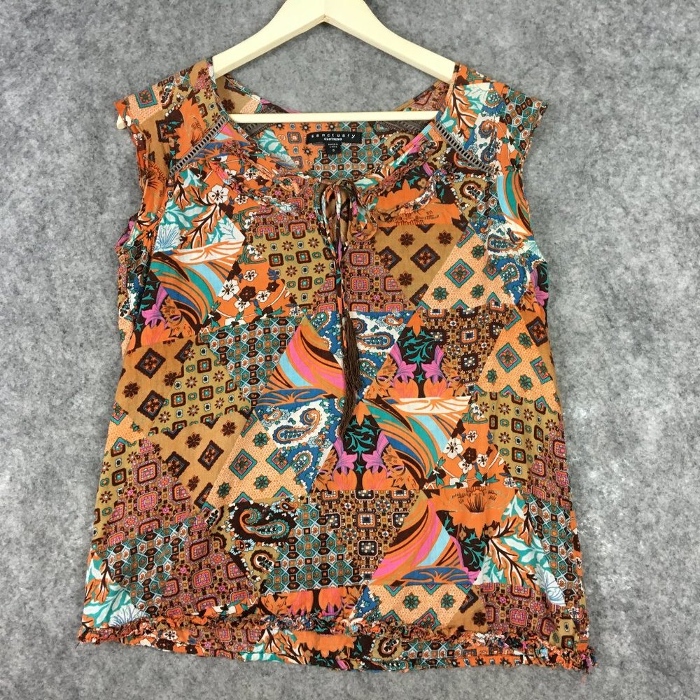 Sanctuary Top S Boho Geometric Motif Cap Sleeve Ruffle Keyhole Tank Mixed Print